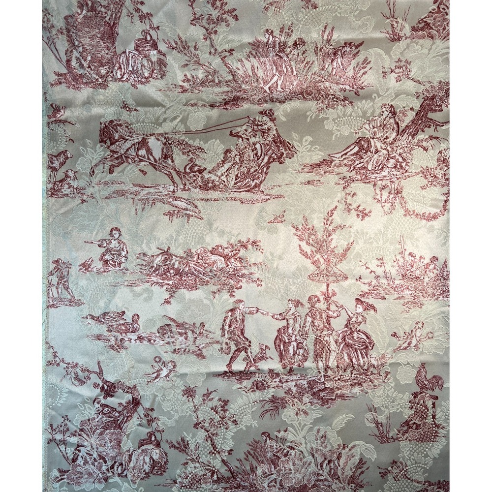 Fabric -RARE Upholstery Red French Toile Country Pastoral Satin Cotton Weave BTY